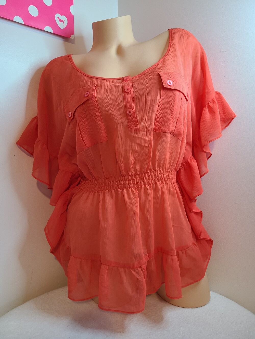 NWT Candies Sheer Coral Chiffon Ruffle Short Sleeve Henley Blouse Size Lg